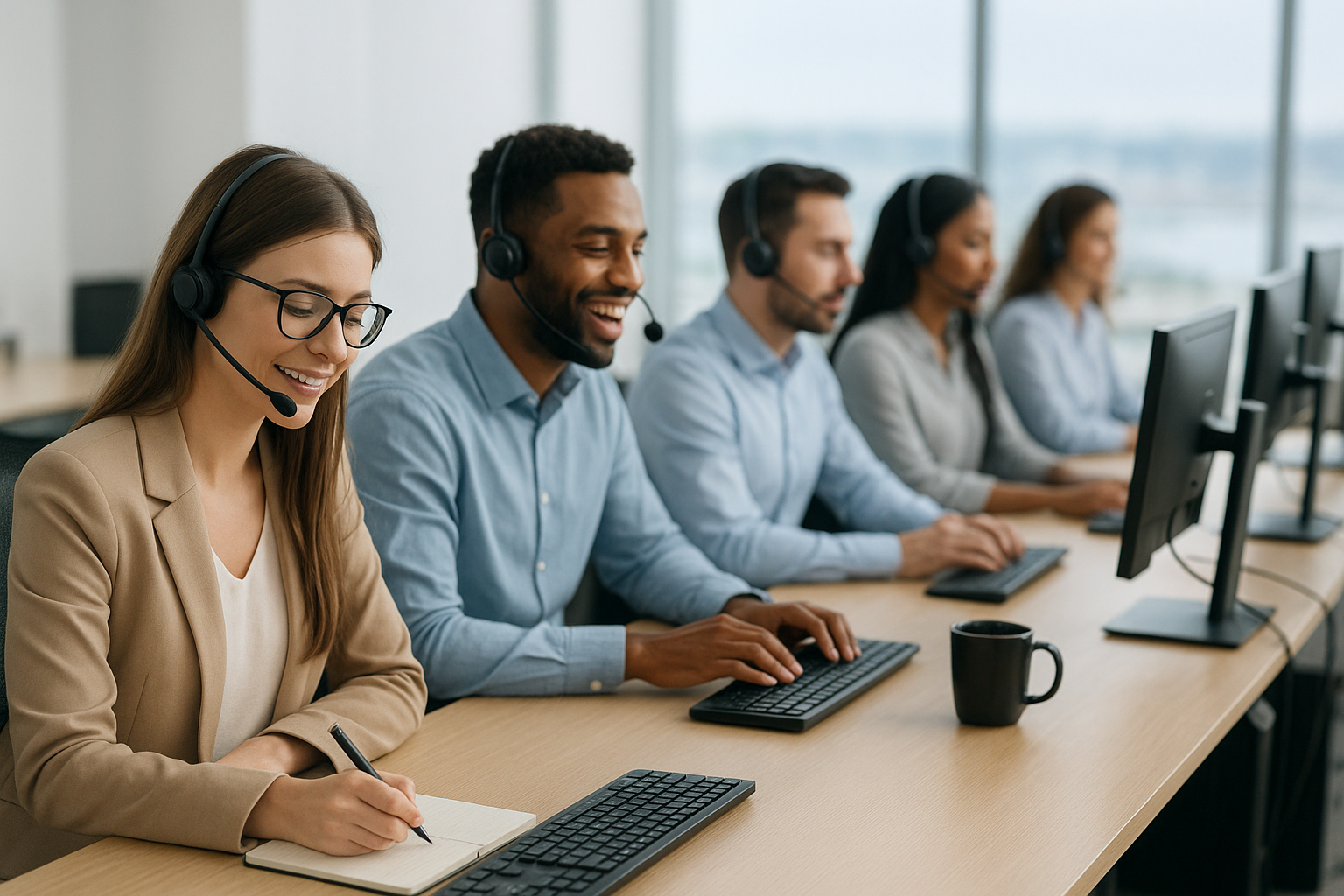 Call center team taking calls and noting customer details